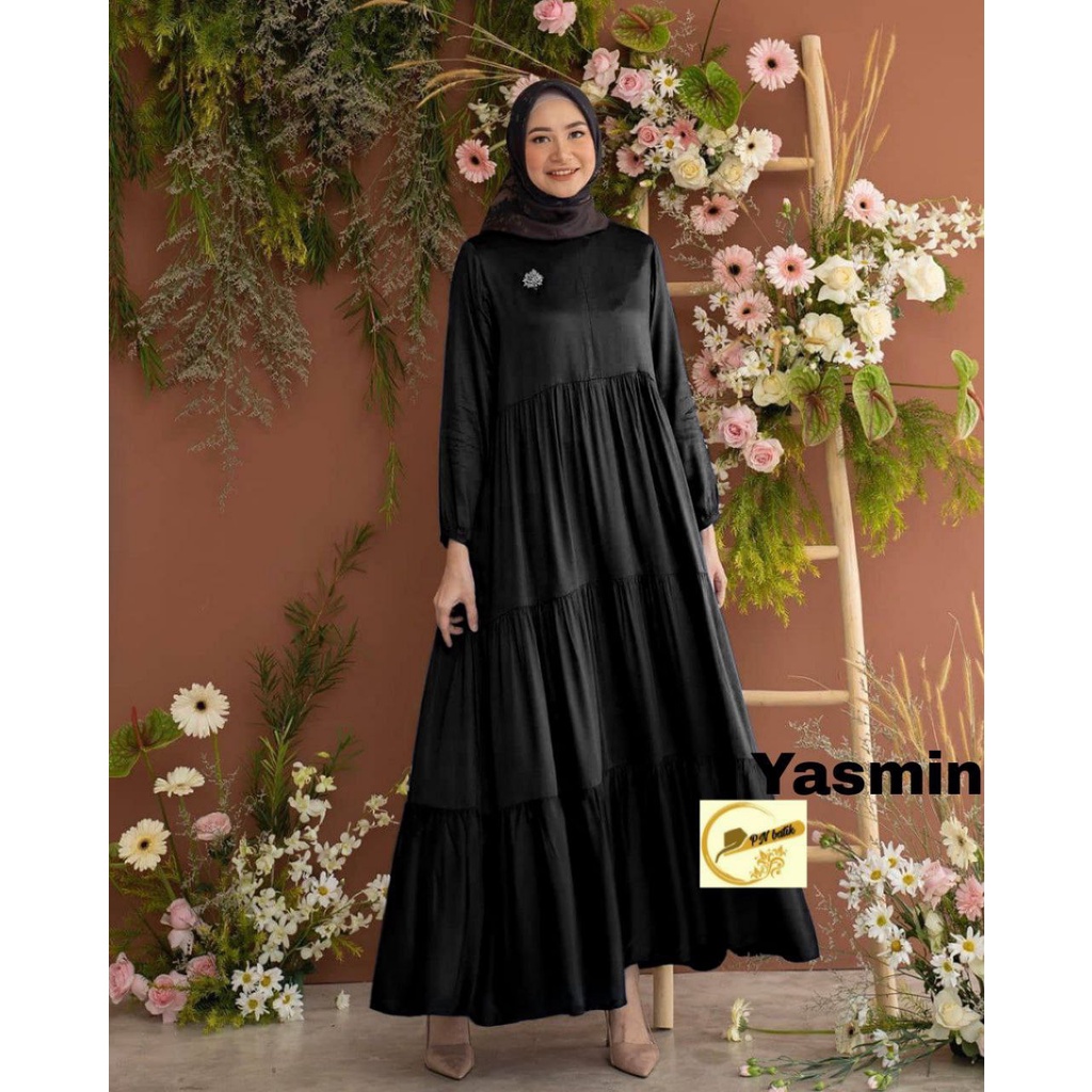 Gamis Syari Rayon Adem Warna Polos Susun Cantik Elegan Canda Busui Wudhu Friendly Warna Hitam Black