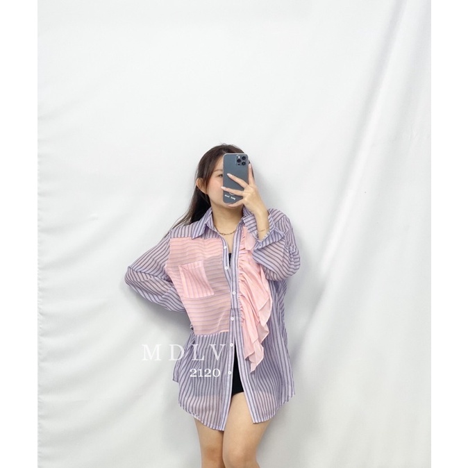 MDLV ~ 2120 Carilyn Ruffle Shirt Kemeja Korea Style Kemeja Ruffle Pink Lilac Kemeja Garis Lilac Kemeja Terbaru Kemeja Premium Fashion Import