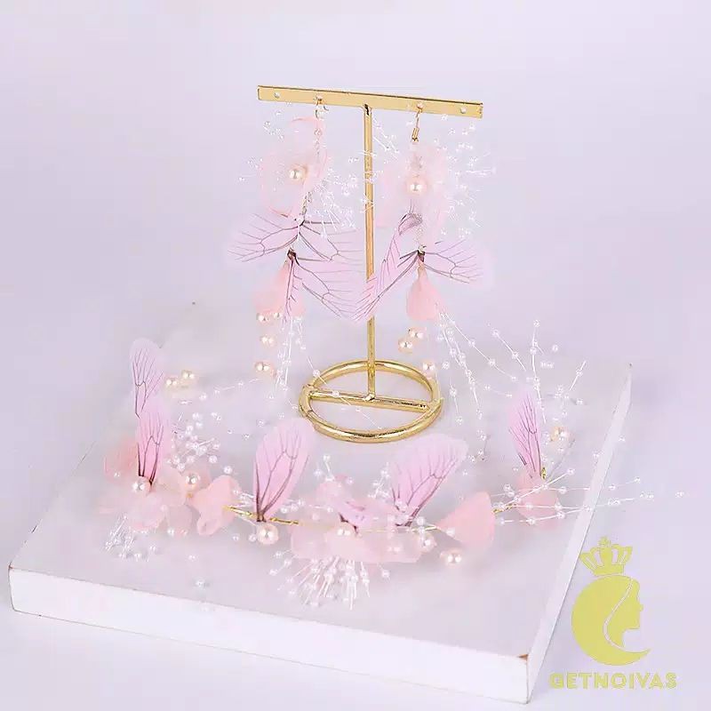 FerenHongXia mahkota + anting&quot; ( 1 set ) sweet flower hair ornaments gold pink