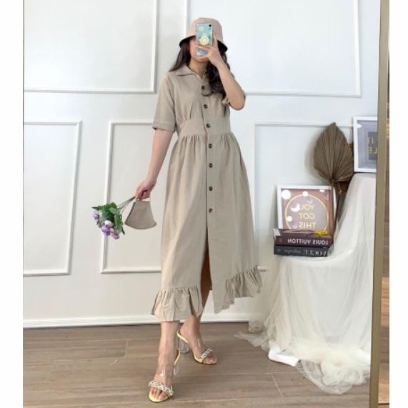 SEOUL BUTTON RUFFLE DRESS FREE MASKER - Khaki