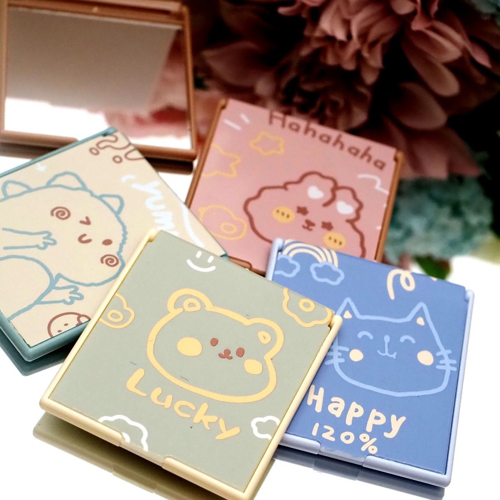 Cermin Lipat Kotak Saku Portable Mini Motif Animal Shabby Lucu Kaca Lipat Make Up Travel Aesthetic