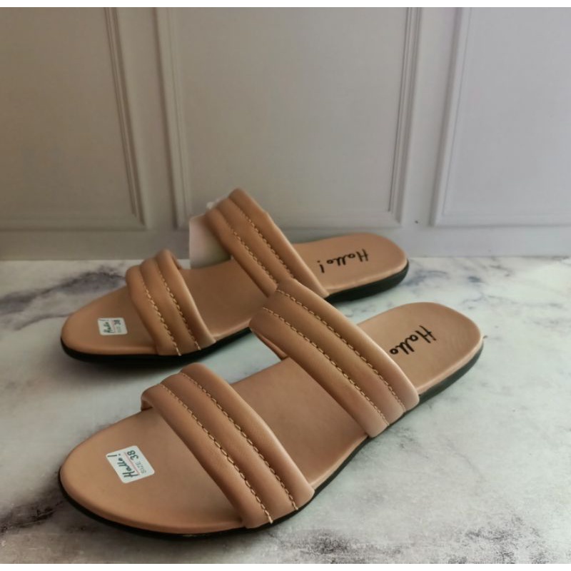 Hello Lovina Flat - Sandal Slop Wanita Puffy Empuk Slip On (Hello Strap 02)