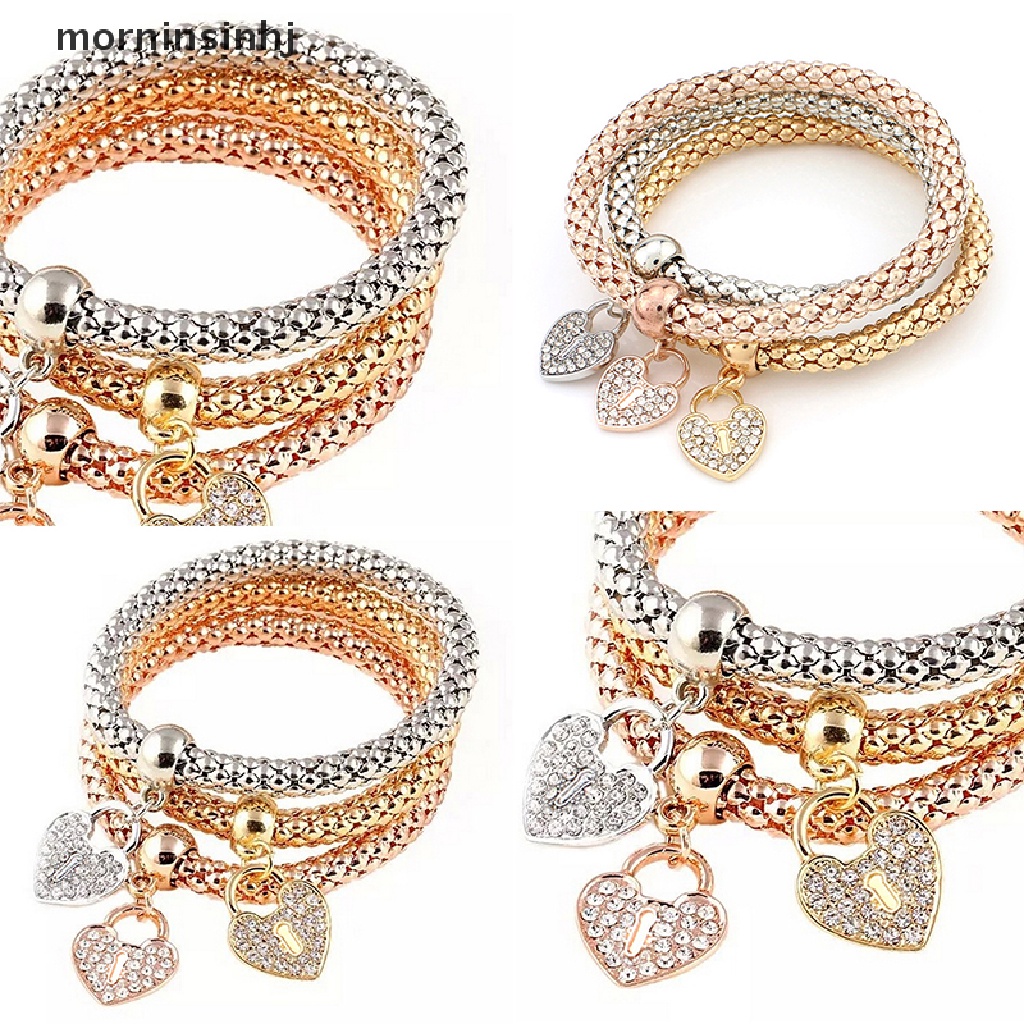 Mornin 3pcsset Gelang Bangle Elastis Dengan Charm Hati Aksen Berlian Imitasi Untuk Wanita