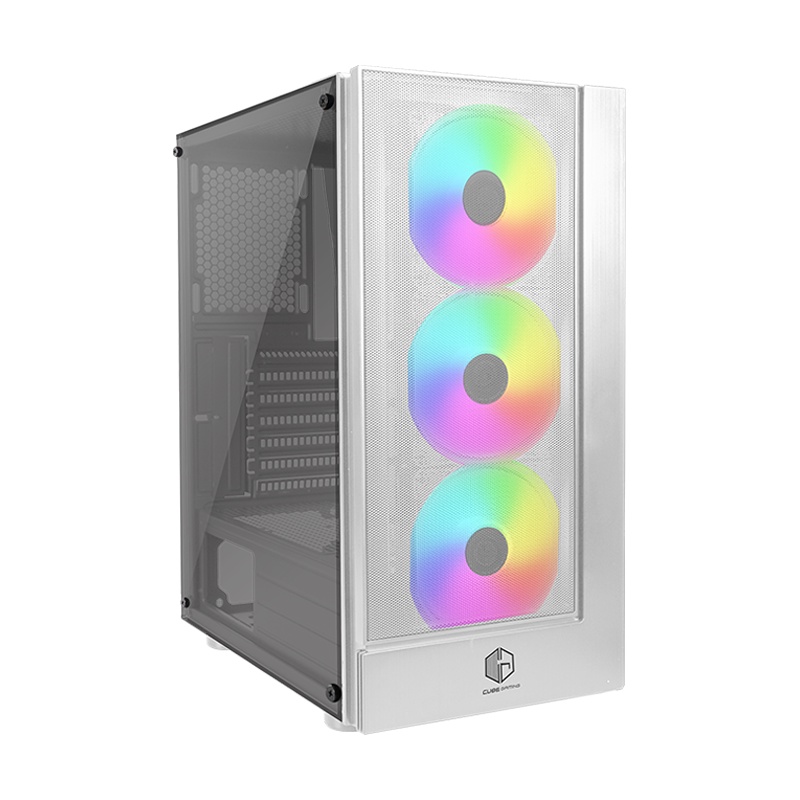 Case PC Gaming Cube Gaming Lich White Free 3 Fan RGB ATX Gaming Case Mesh Front Panel Tempered Glass
