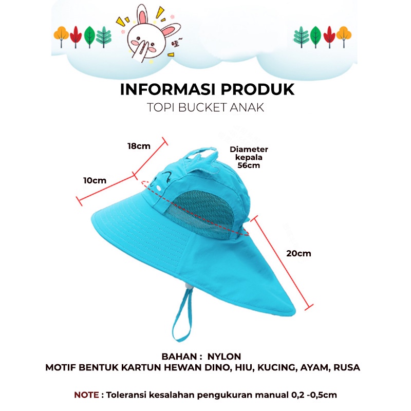 Topi Bucket Anak Laki Laki Perempuan Model Lebar Dinosaurus fashion Pantai Casual Anti Sinar UV HSA