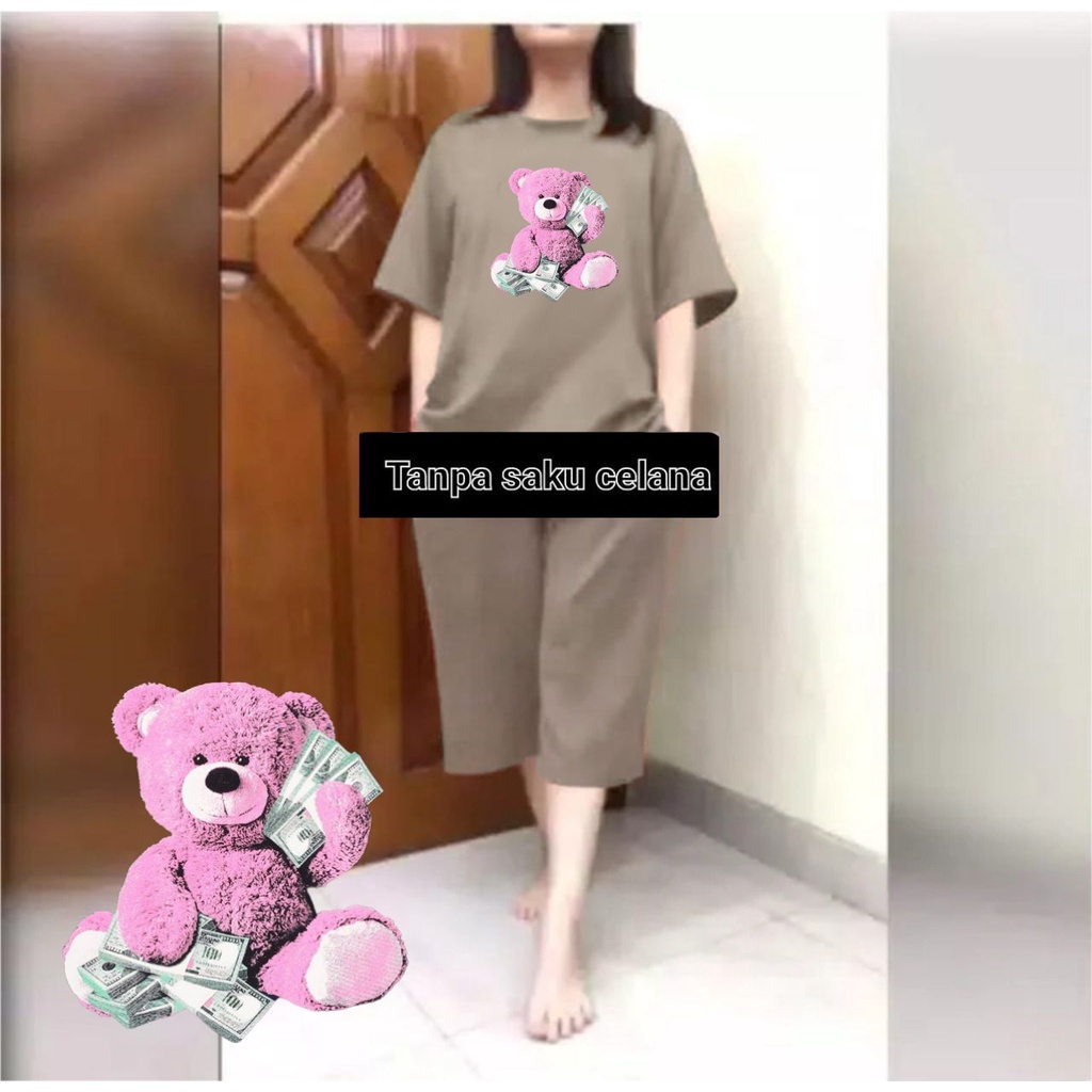 Setelan JUMBO Wanita + Celana Kulot 3/4 Big Size Fit XXL Pink Bear