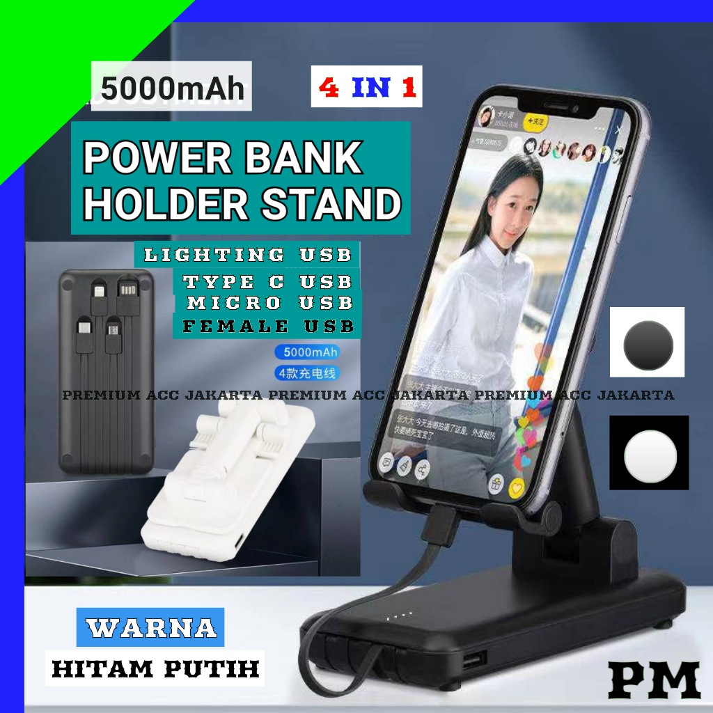 Power Bank With Standing Holder Lengkap 4 Kabel 1 USB all Handphone Holder Multifungsi / PowerBank Holder