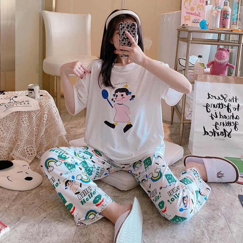 Piyama Oversize Bahan Kaos Lengan Pendek Baju Tidur Wanita pakaian tidur wanita kaos set baju tidur wanita piyama-Kitchen God