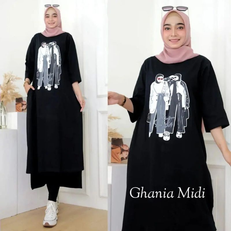 Ghania midi/baju midi dress terbaru/terlaris bahan combed 24s aplikasi sablon