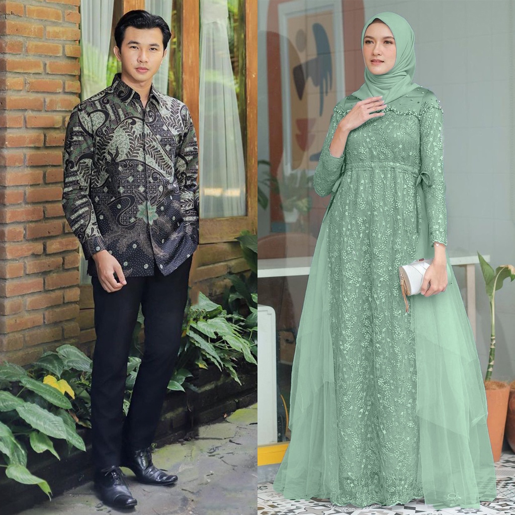 PRODUK TERBARU - Couple Gamis Maxi Dress Aurel New - Maxi Dress Brokat Outfit Kondangan Kekinian Couple Sarimbit Gamis Tulle Premium Murah