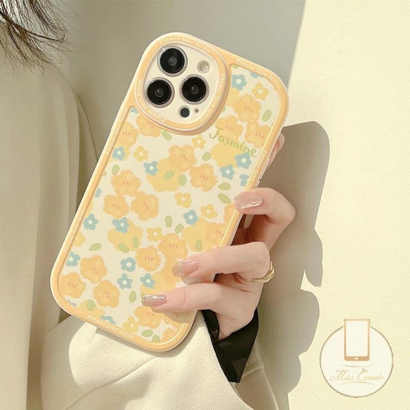 IPHONE Ins Fashion Retro Bunga Kuning Casing Ponsel Kompatibel Untuk Iphone11 7 8 Plus 12 13 11 14 Pro Max X XR XS Max 6 6s 7Plus 8Plus SE 2020 Plus Perlindungan Lensa Oval TPU Lembut Full Cover