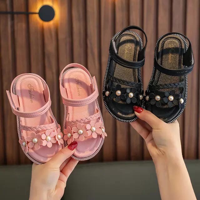 Sandal Anak Perempuan Tali Velcro Kepang Bunga Mutiara 6696-1 Size 24-35