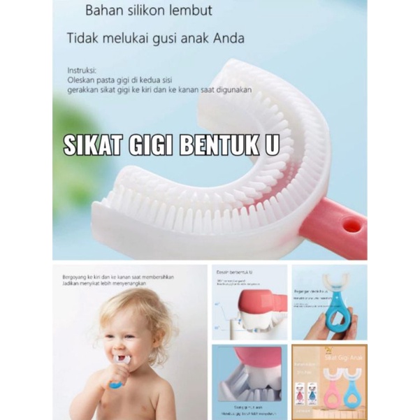 Sikat Gigi Anak Bentuk U 6-12 Tahun Silikon Lembut Biru Pink Cewek Cowok Unisex