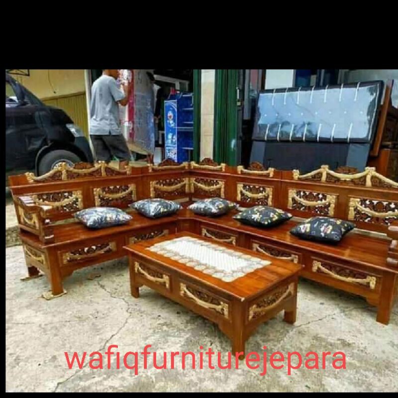 kursi sudut minimalis kayu jati Jepara+ bantalan