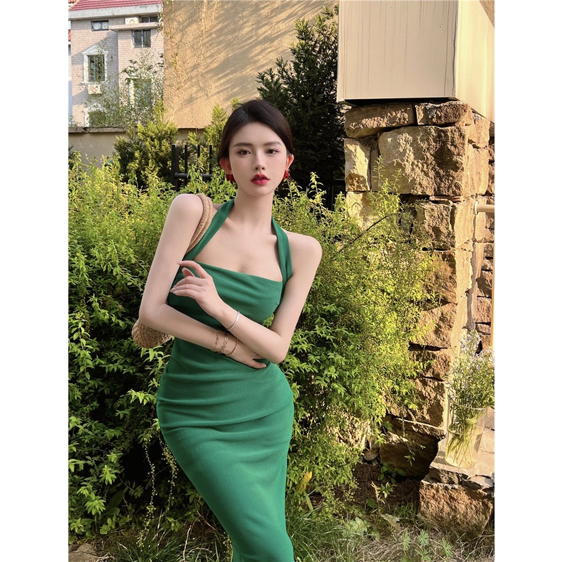 Mini Dress Bahasa Perancis Halter Leher Suspender Gaun Wanita Musim Panas Hijau Retro Rok Pinggang S