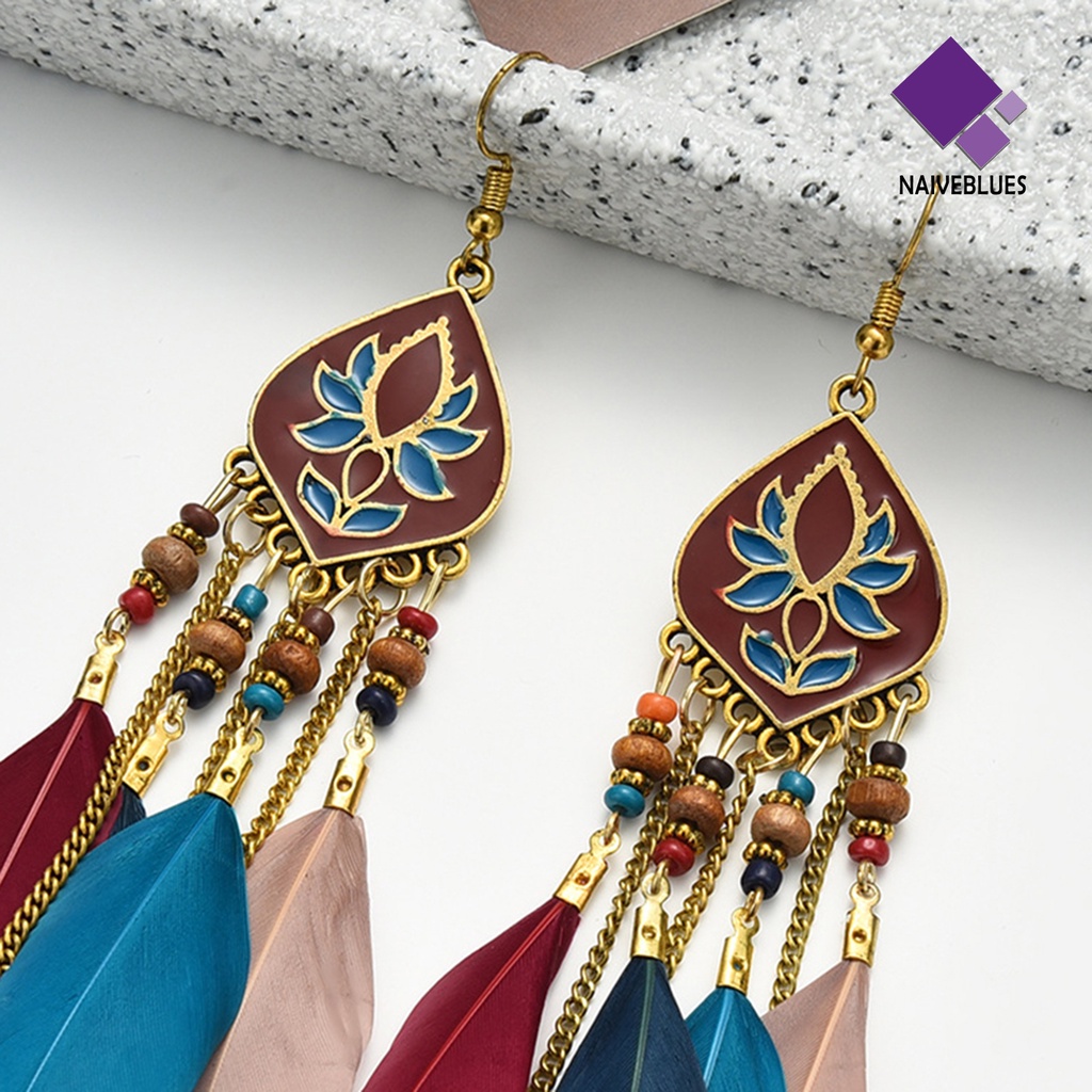 Naiveblue 1 Pasang Anting Kait Gantung Wanita Desain Bulu + Manik-Manik Warna Warni Gaya Retro / Bohemian Untuk Pesta