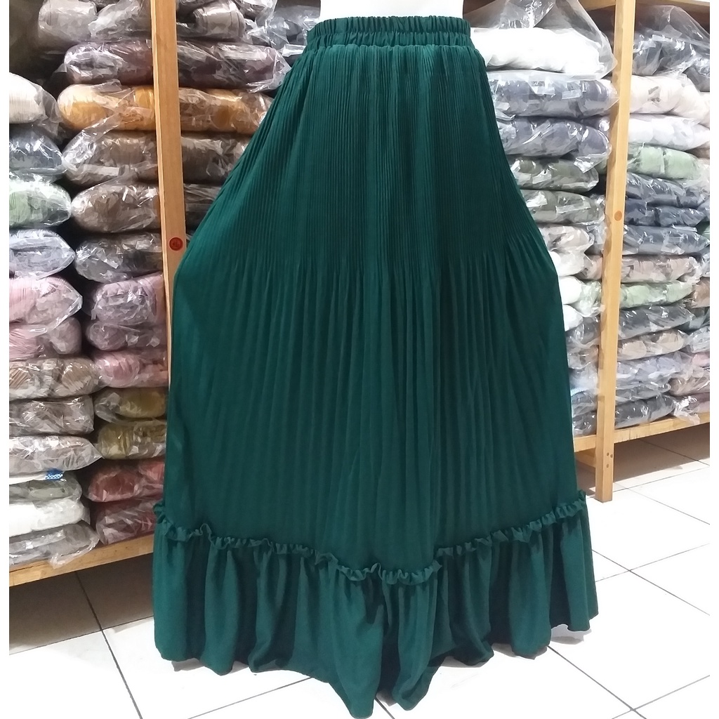 Rok panjang Plisket Lidi Cabang Rok muslim/Mayung/Payung Longgar/jumbo Bawahan Terbaru Termurah Terlaris-Hijau botol