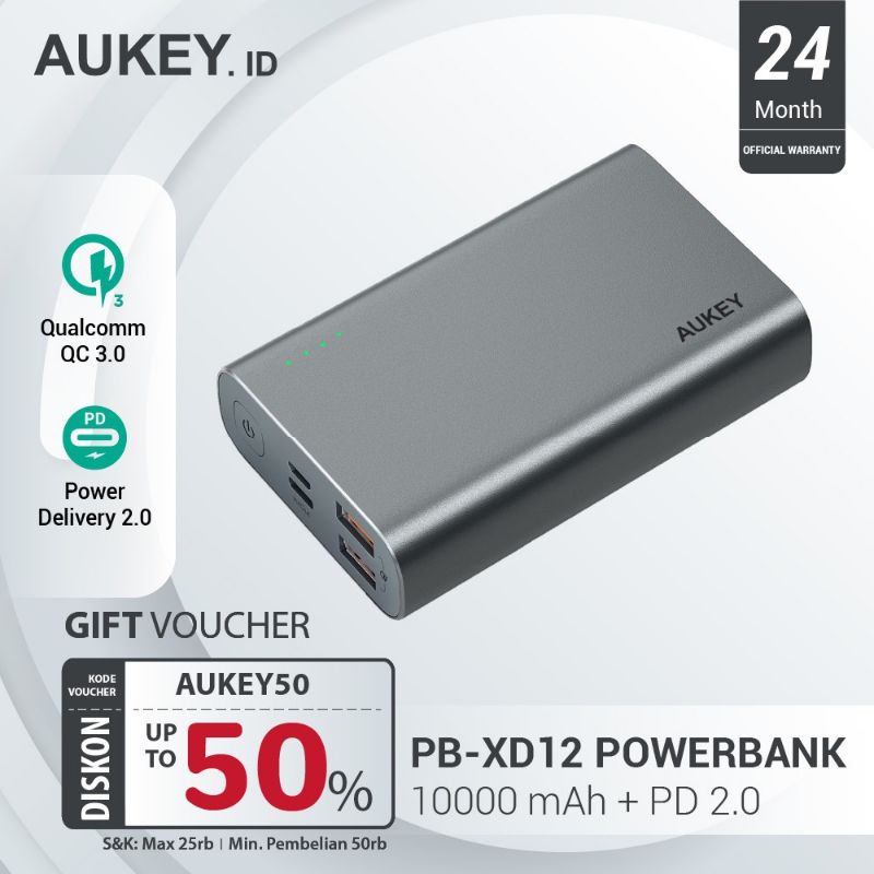 Aukey PB-XD12 Powerbank 10000mAh Type PD QC3.0 Original Resmi