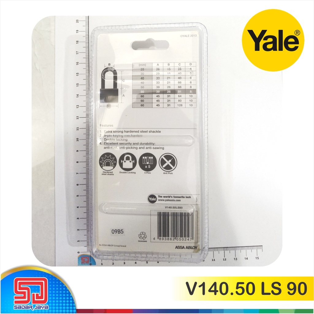 Yale V140.50 LS 90 Gembok Pintu Pagar Kuningan 50mm Leher Panjang 91mm Padlock Brass Hardened Steel