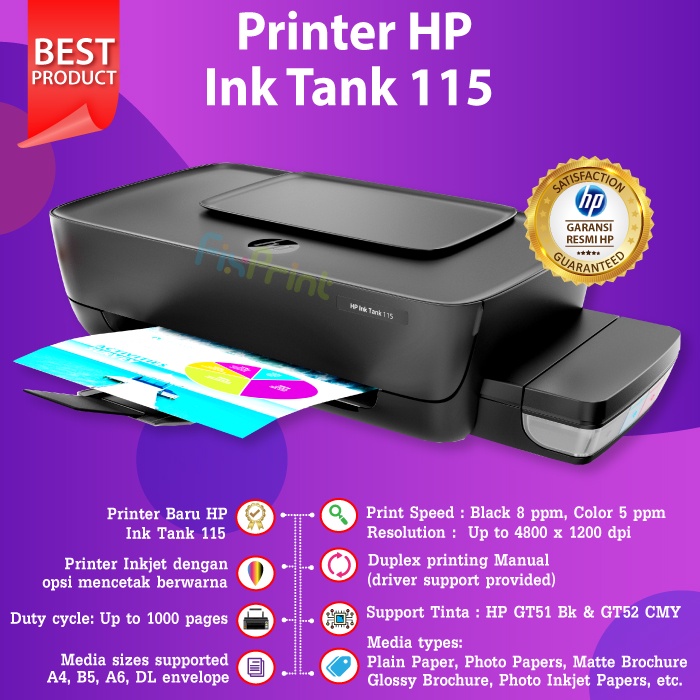 Printer Ink Tank HP 115 Infus With Tinta GT51 / GT53 Black GT52 Color