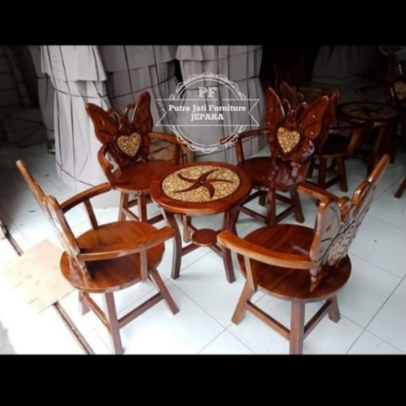 Meja kursi teras tamu kayu jati model kupu-kupu lucu unik ukir Jepara