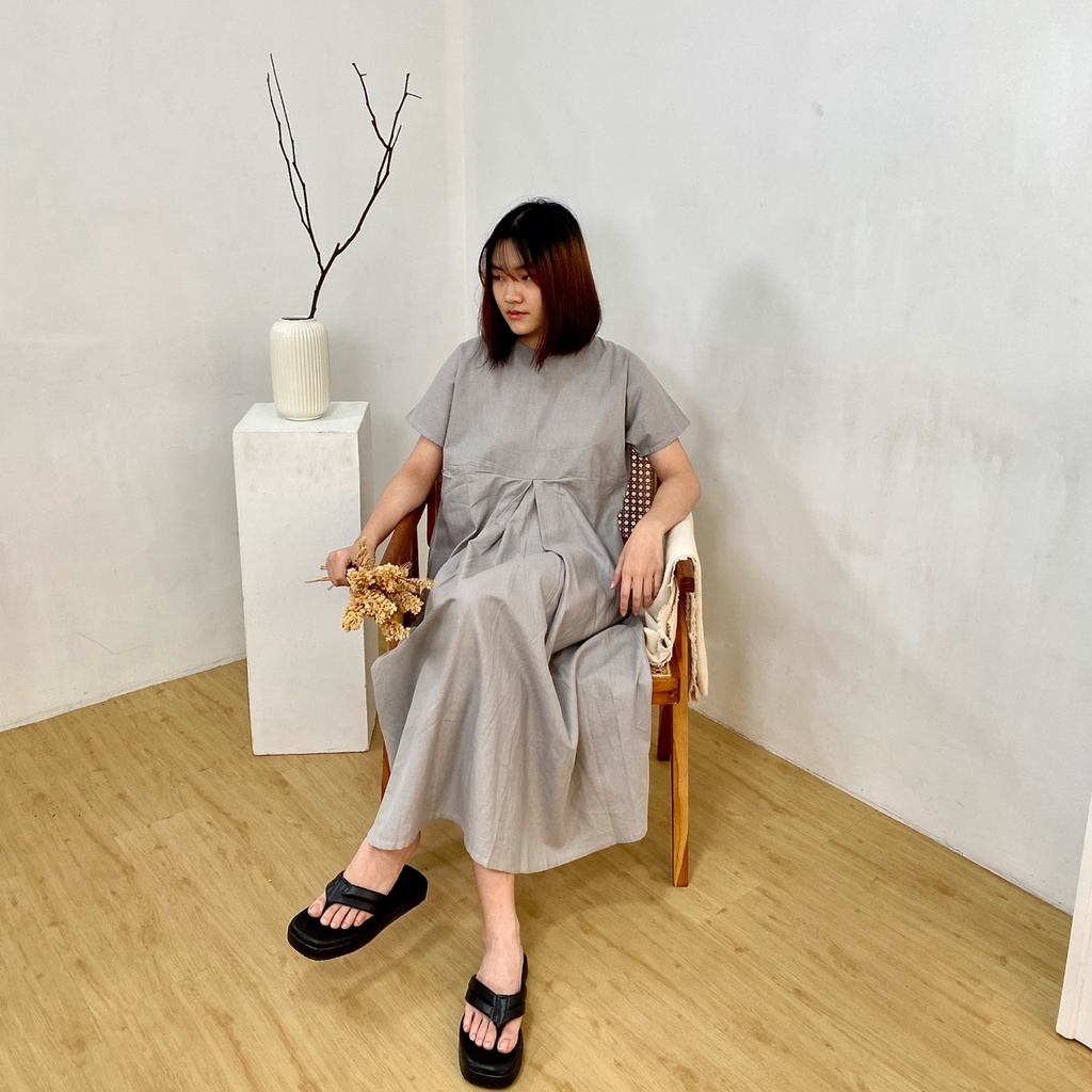 Harumi dress || basic midi dress wanita linen polos casual o neck warna abu coklat korea bumil frien