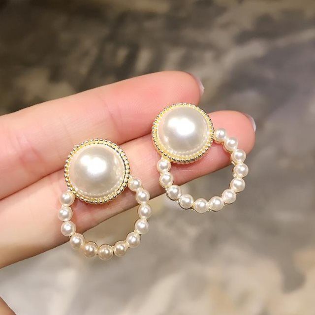 Anting Tusuk Gold Geometric Circle Pearl Earrings Sterling (Takota 035)