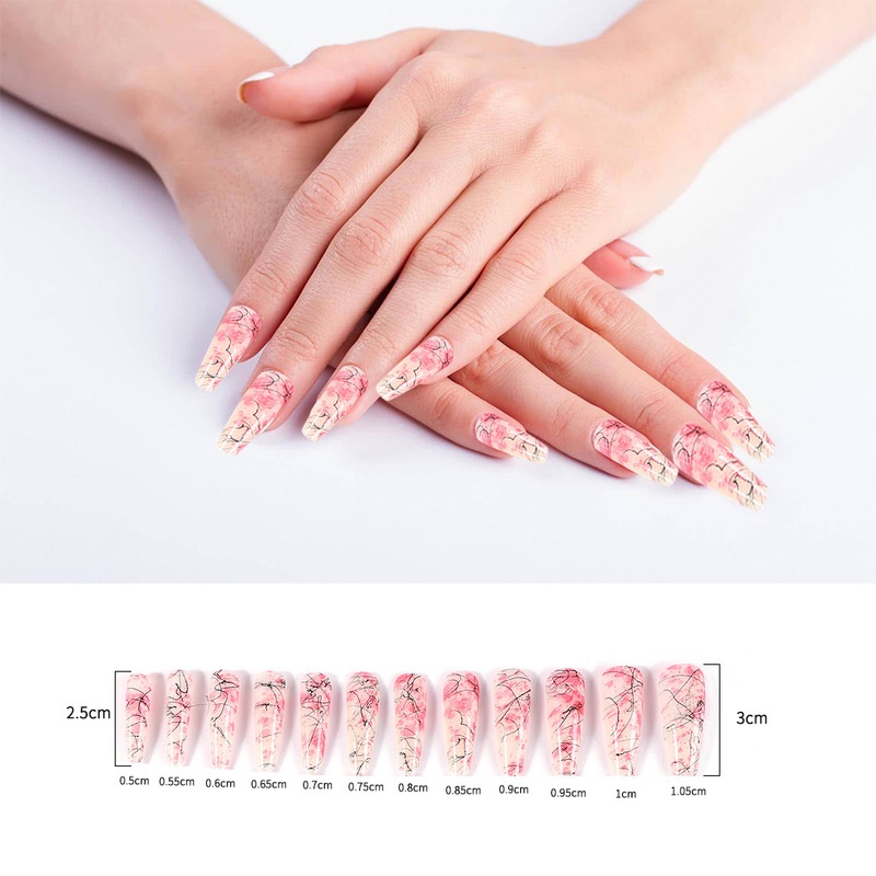 [24Pcs/Box 12 Different Size Natural Vignetting Brushing  Full Cover Long Ballerina Coffin Fake Nails] [Clear Acrylic Artificial False Nails Tips] [DIY Nail Art Accessories]