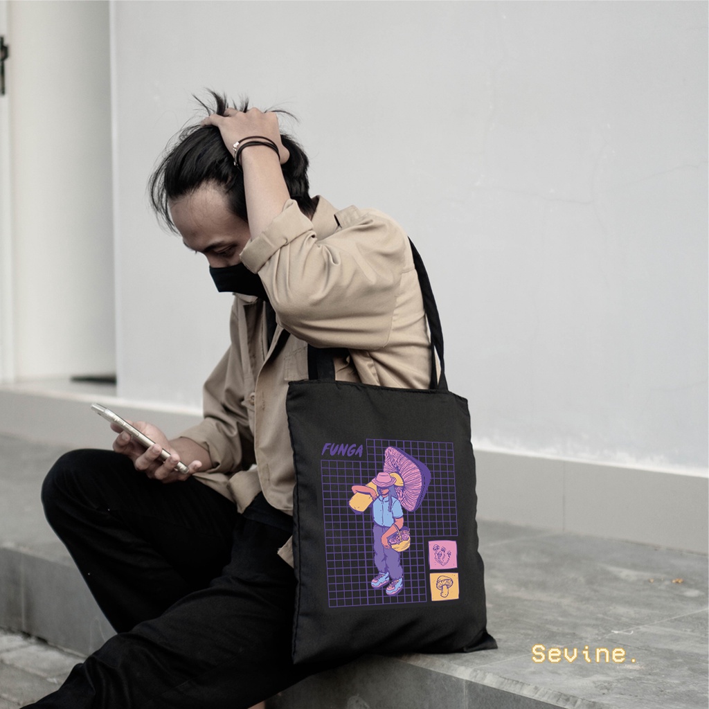 Sevine Totebag Fashion Tas Tote Bag Hitam Resleting Pria Wanita Laptop Kuliah Retro Vaporwave - HVW12