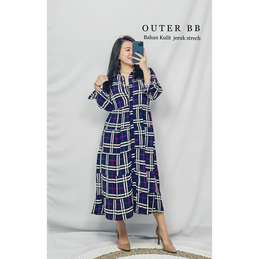 HOPYLOVY - Maxi Dress Outer Wanita Lengan Panjang Kotak-Kotak Outer BB Saliska