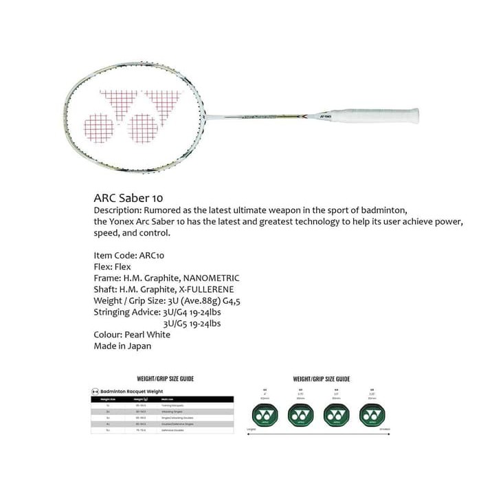 Raket Badminton Yonex ARCSABER 10 Pearl White 2018 (100% Original)
