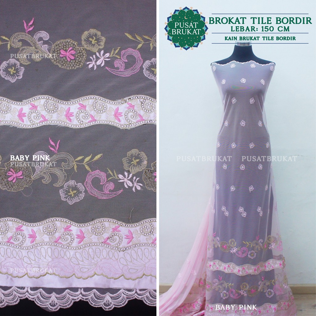 KAIN BRUKAT TILE BORDIR / BROKAT TULLE BORDIR BABY PINK, LEBAR 150CM [harga per 0.5m]