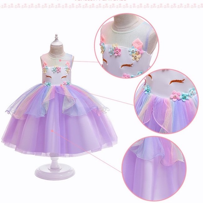 KOMUNI PERTAMA Gaun Unicorn Anak Perempuan Flower girl Unicorn rainbow wedding party dress