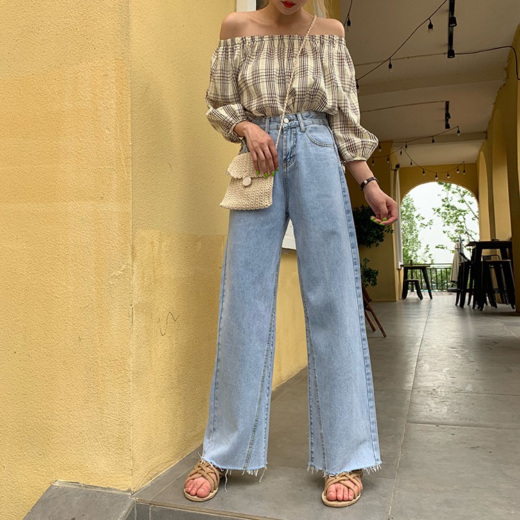 Celana Panjang Jeans Lebar High Waist dengan Saku untuk Musim Panas
