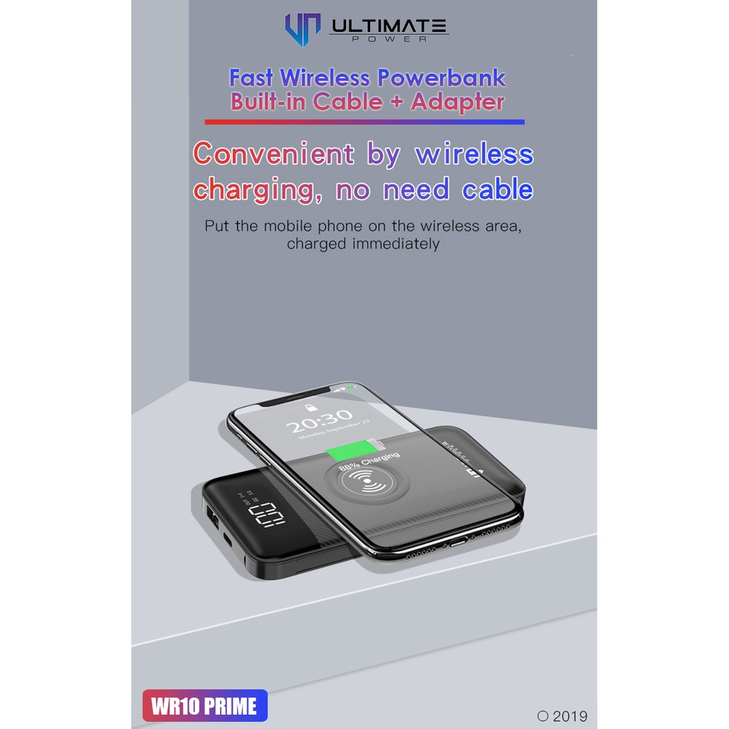 Ultimate Power WR10 Prime Fast Wireless Powerbank 10000mAh Built-In Cable + Adapter