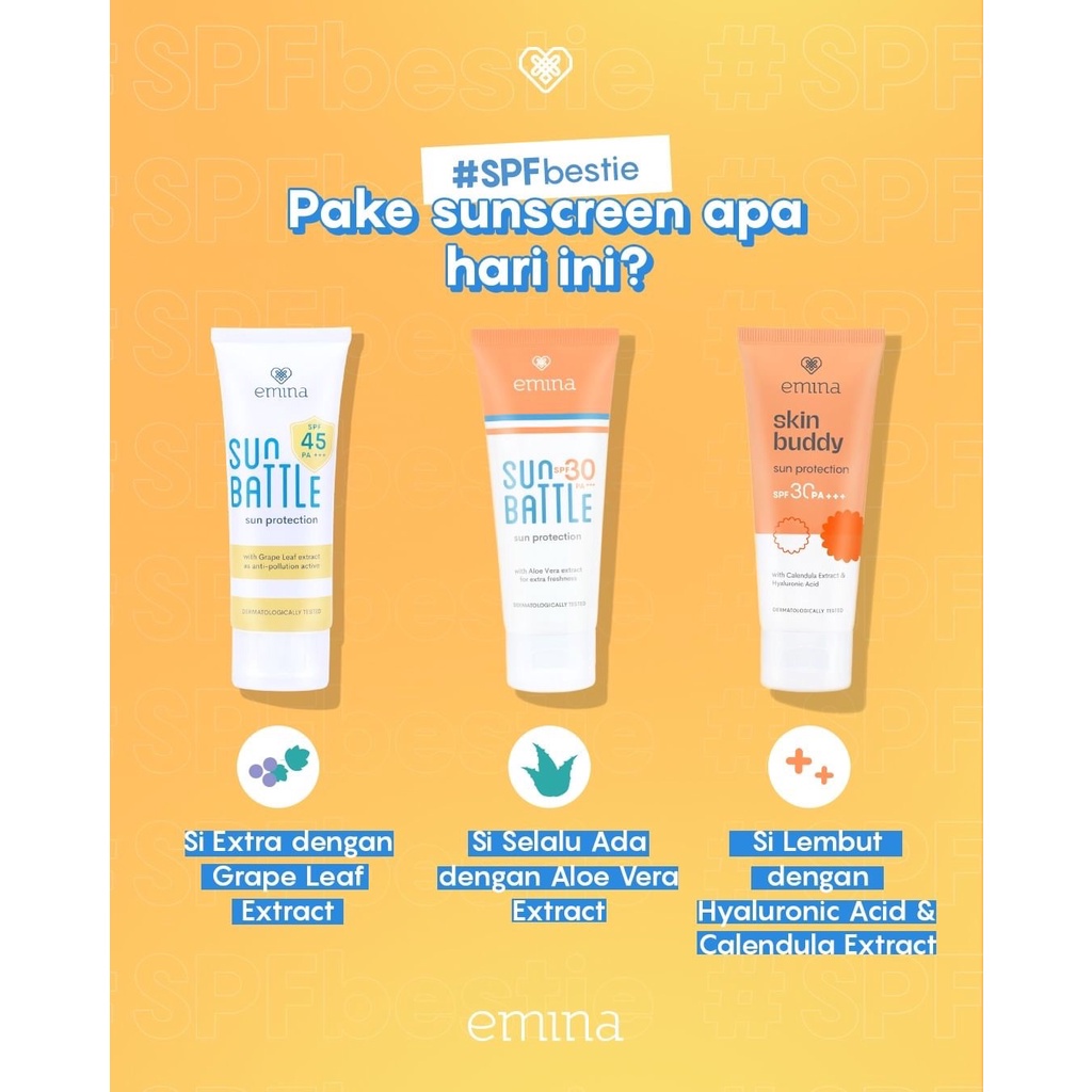 EMINA Skin Buddy Sun Protection SPF 30 PA+++ Indonesia / Sunscreen Wajah 60ml / Sunblock Sunblok Tabir Surya UV UVA UVB Anti Blue Light Protector Protect Pelindung Sinar Matahari Kulit Tubuh / Gel Serum Stick Cream Lotion Skincare Face Care Series Battle