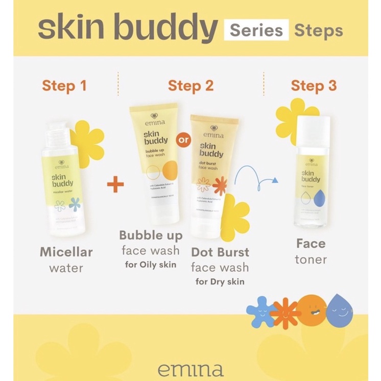 EMINA Skin Buddy SERIES | Face Wash | Scrub 60ml Dot Burst | Double Bubble | Micellar Water | Sunscreen Skin Buddy