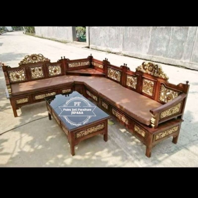 Set kursi tamu sudut kayu jati ukir Jepara + busa dudukan