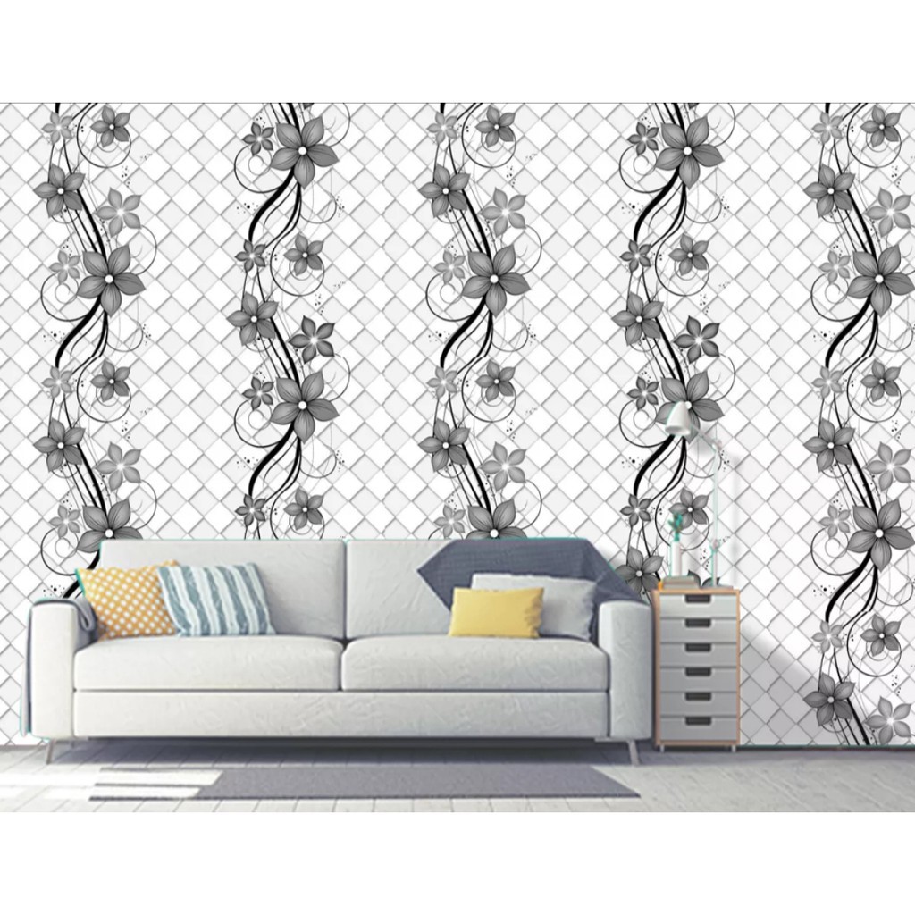 Wallpaper Dinding Motif Bunga Hitam Kotak Abu 3D