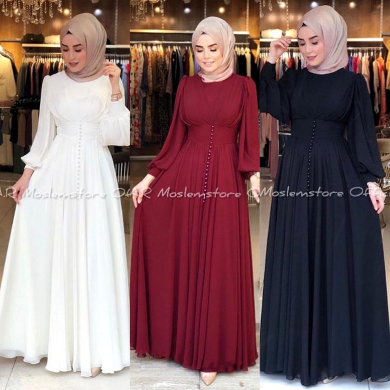 YASMINE DRESS CERUTY BABYDOLL APLIKASI MUTIARA/FASHION WANITA MUSLIM TERLARIS FULL FURRING/FASHION MUSLIM WANITA/FAR MOSLEMSTORE