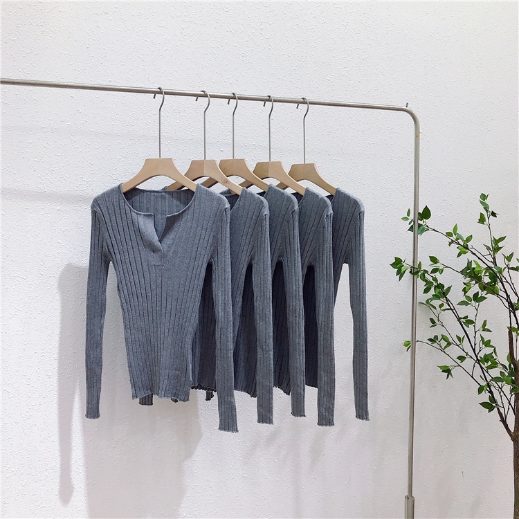 #Sisjuly# Wanita musim semi Perancis licik setengah terbuka dada v-neck slim fit sweater rajutan kem