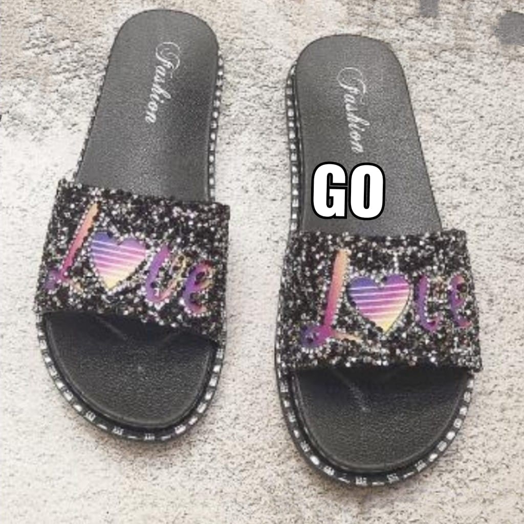 gos Import LOVE BLING-BLING Sandal Wanita Murah Slip Casual Teplek Sendal Cewek Flat