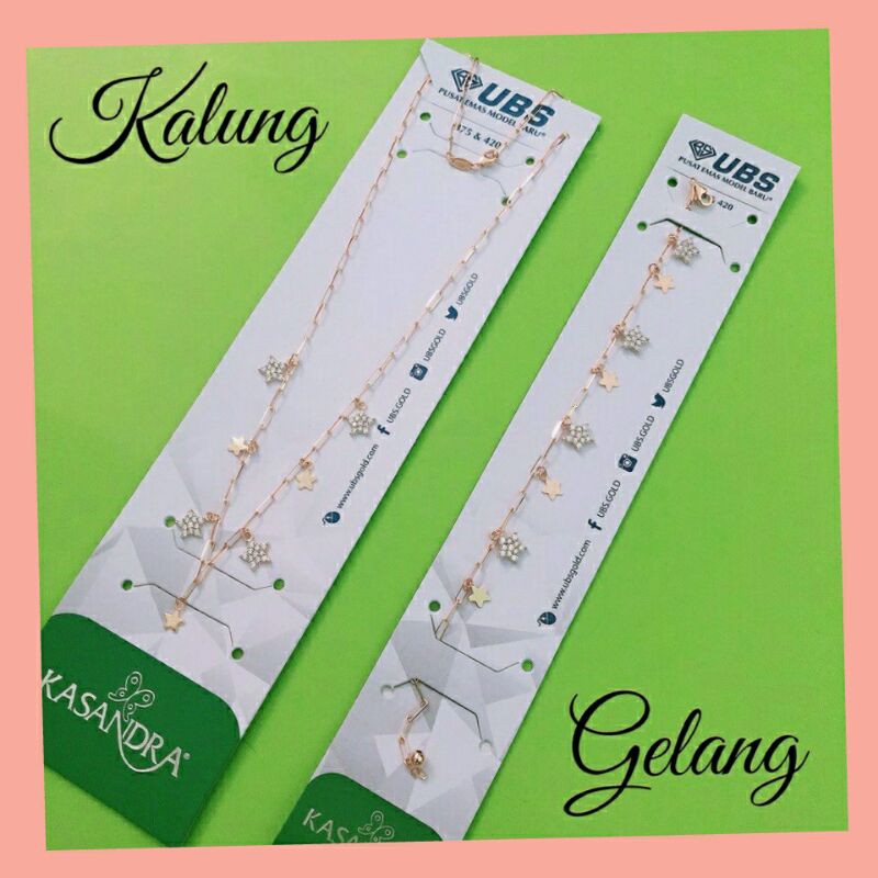 PERHIASAN SATU SET KALUNG DAN GELANG RANTAI PIPIH STAR BINTANG MATA PUTIH EMAS ASLI UBS KADAR 375