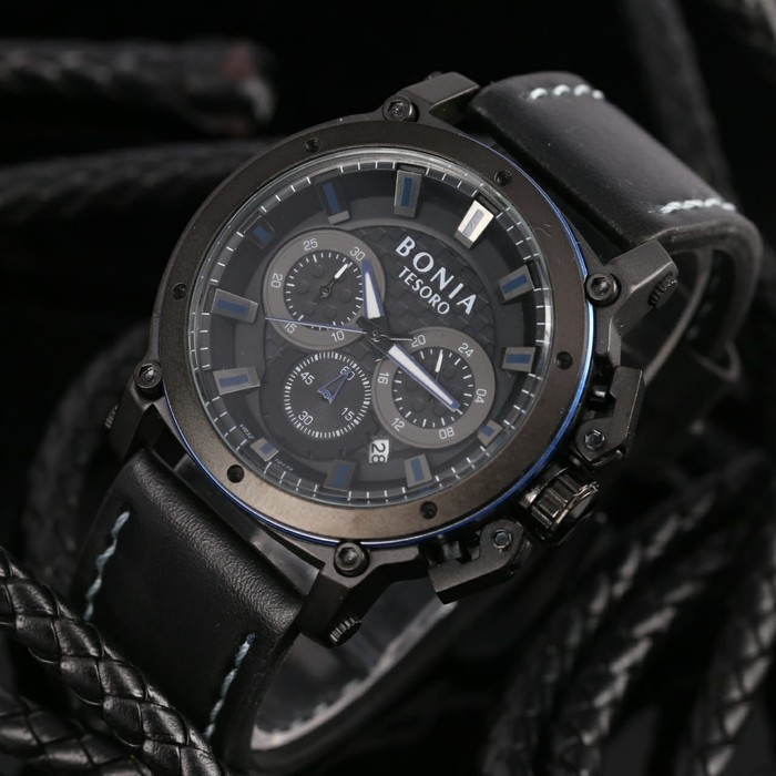Jam Tangan Pria / Cowok Bonia Chrono Sk7255 Leather Black Blue