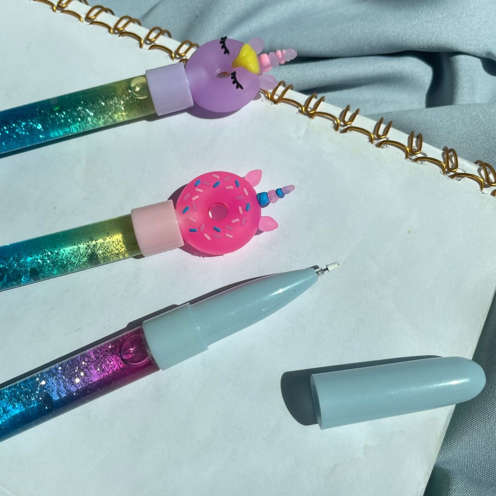 PULPEN GLITER DONUT UNICORN TANDUK IMUT LUCU WARNA WARNI BEST QUALITY PEN GLITER DONAT UNICORN CUTE READY 4 MODEL VARIANT KUALITAS TERBAIK