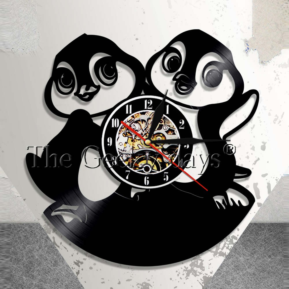 Nursery Animal Wall Art Wall Clock Baby Penguins Vinyl Record Wall Clock Penguin Family Shopee Indonesia