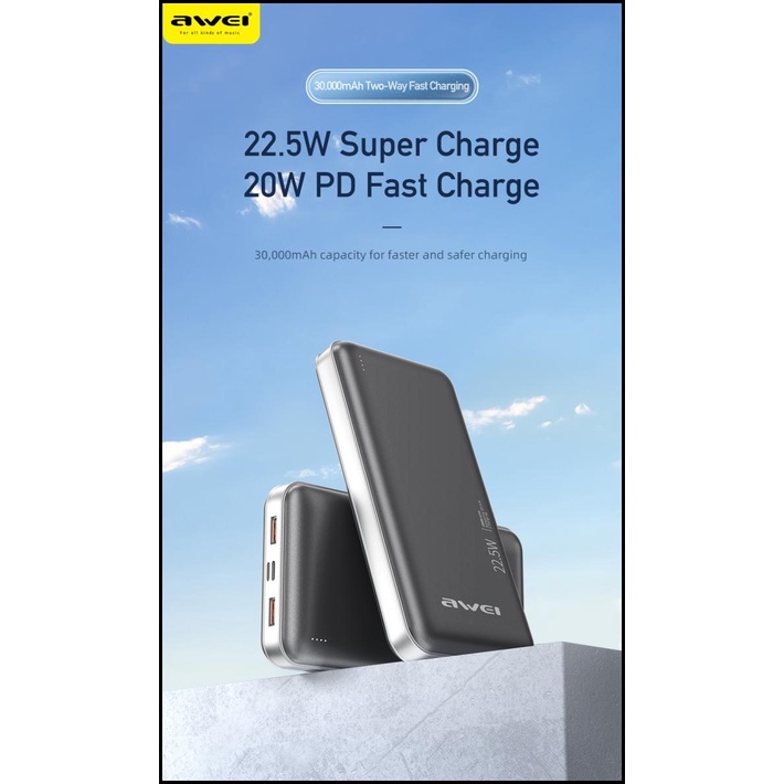 Awei Powerbank 30000Mah Pd 22.5W Fast Quick Charging P122K