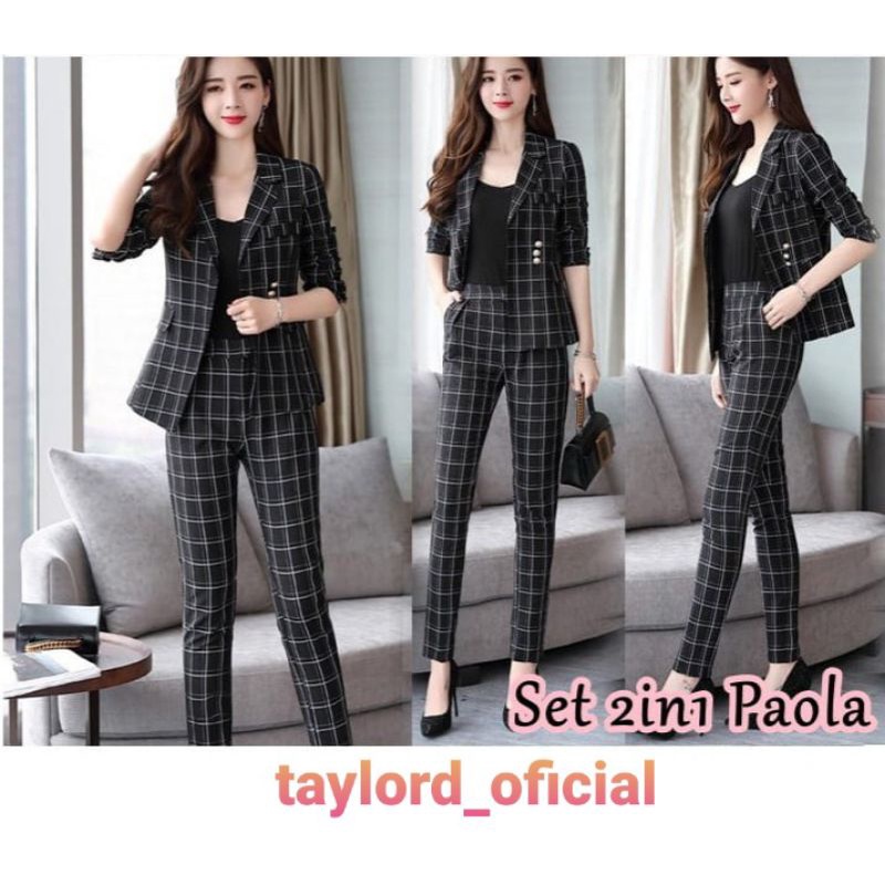 Setelan Blazer Kotak Wanita / Setelan Jas Wanita / Setelan Kotak Wanita Warna hitam / Setelan Blazer