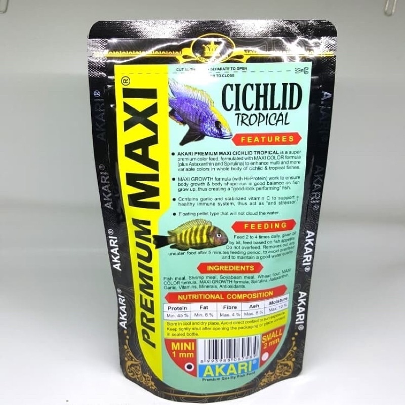 AKARI PREMIUM MAXI Cichlid Chiclid Tropical 100 gr Pelet 1 mm Multicolor Multi Color Ciklid Makanan Ikan