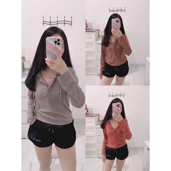 Hodie wanita | hodie lengan panjang rib wanita | atasan hodie knit polos | top hodie wanita | korean fashion wanita | aquarius boutique 89